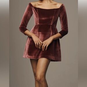 Hutch x Anthro NWT long-sleeve square-neck velvet flair mini dress in a burgundy